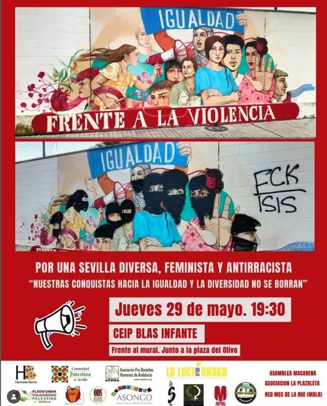 Antes y después mural feminista vandalizado Sevilla