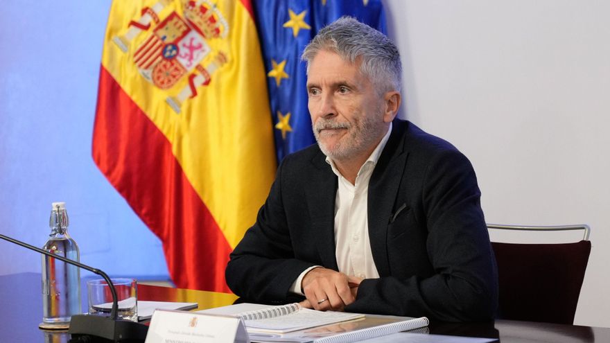 El ministro del Interior, Fernando Grande-Marlaska, durante la reunión, este miércoles, del comité de crisis de su departamento para abordar las actuaciones que se están llevando a cabo tras la dana que ha afectado, sobre todo, a zonas de la Comunidad Valenciana y Castilla-La Mancha. EFE/ Borja Sanchez-Trillo