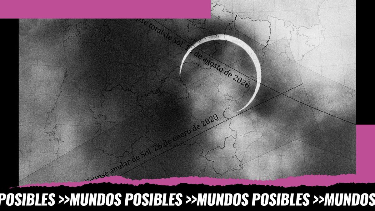 Montaje: mapa de la península Ibérica con las zonas indicadas desde las cuáles se podrán ver los eclipses de 2026 y 2028