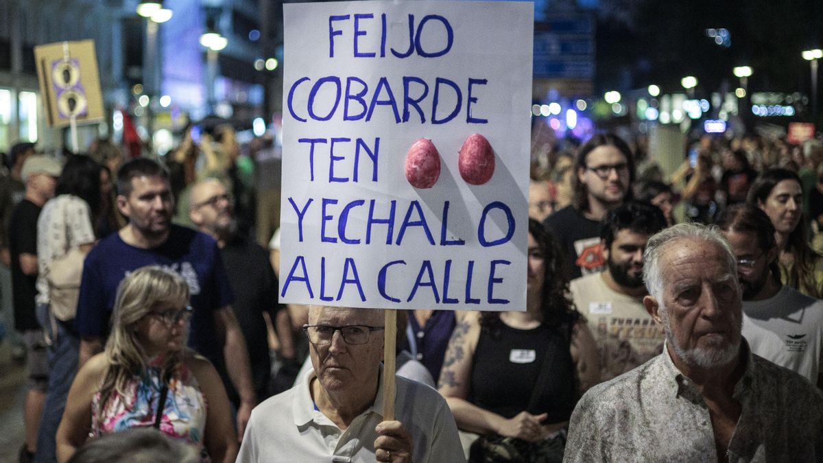 En las pancartas de la manifestación, además de carteles pidiendo la dimisión de Mazón, también había referencias a Alberto Núñez Feijóo