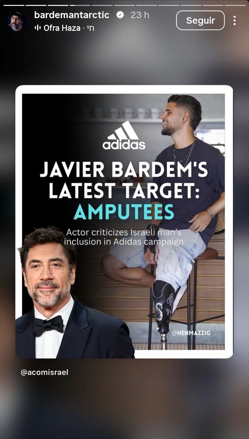 La publicación del grupo sionista ACOM compartida por Javier Bardem en Instagram