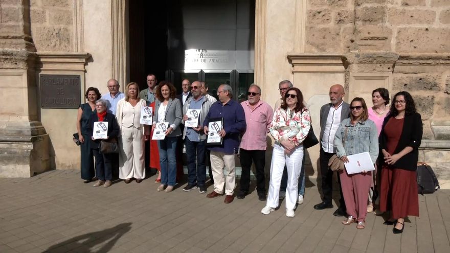 Imagen de las organizaciones sociales a su salida del Parlamento tras registrar la ILP.