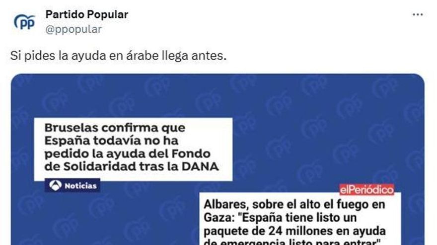 El PP contrapone con una falsedad el apoyo del Gobierno a Gaza y Valencia: "Si pides la ayuda en árabe llega antes"