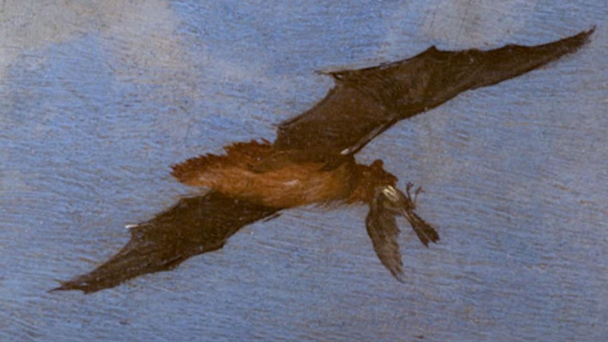 Detalle del murciélago gigante atrapando un pájaro en la 'Alegoría del aire' de Brueghel, el viejo.