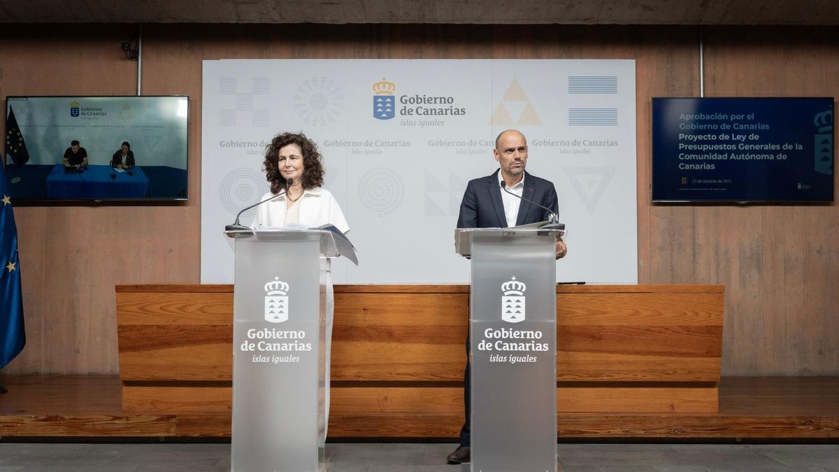 La consejera de Hacienda, Matilde Asián, y el portavoz del Gobierno canario, Alfonso Cabello, en la rueda de prensa de este miércoles.