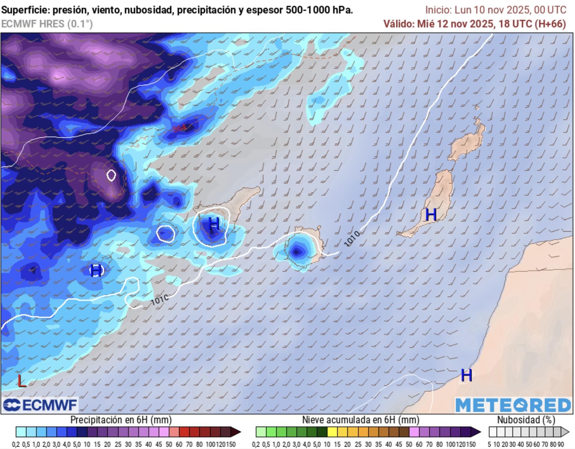 El frente, aproximándose por el oeste de Canarias este miércoles.