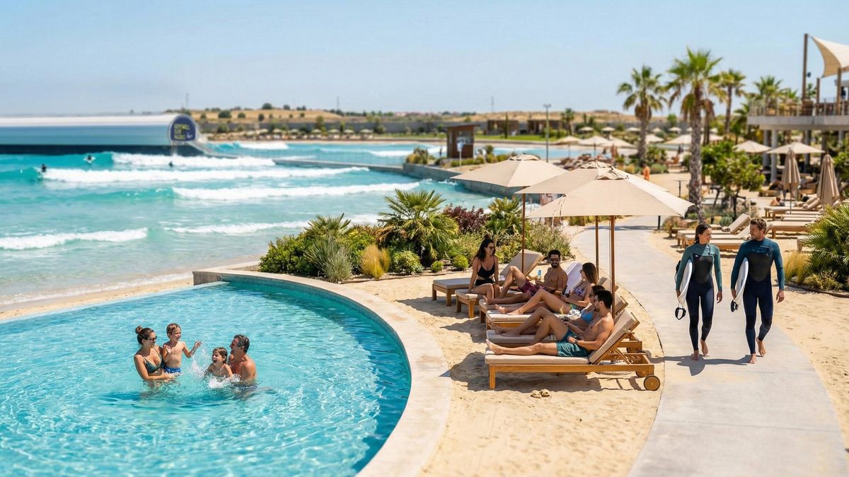 La playa de olas junto a espacios de esparcimiento y piscinas infantiles.