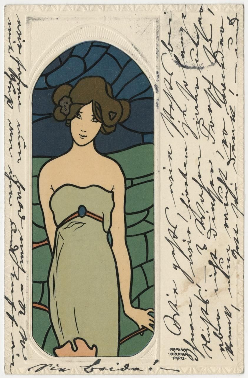 Postal con ilustración de Raphael Kirchner de 1904, con una mujer en una pose erótica. © Museum für Kommunikation Berlin.