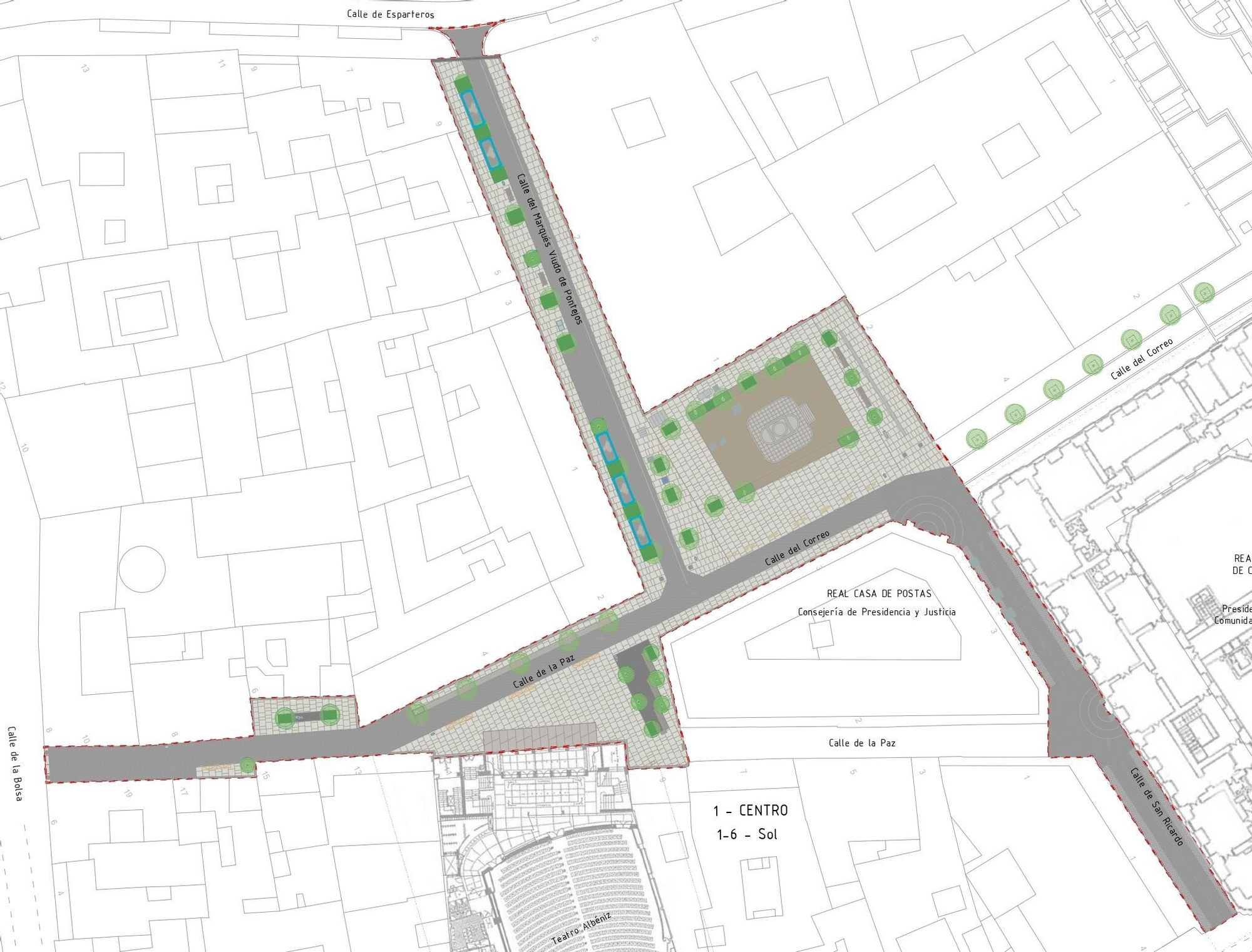 Plano de la obra completa alrededor de Pontejos, con la Puerta del Sol a la derecha
