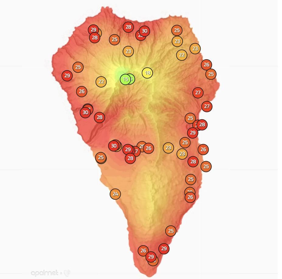 Mapa de la Apalmet de la temperatura en diversos puntos de La Palma este lunes, 2 de noviembre, a las 09.30 horas.