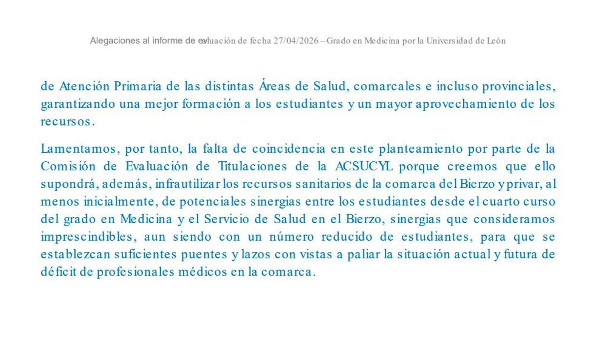 Consideraciones finales del informe de alegaciones de la Universidad a la negativa de que Medicina se estudiara también en Ponferrada.
