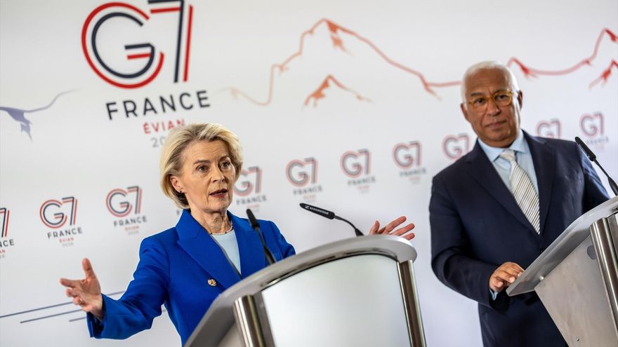 La presidenta de la Comisión Europea, Ursula Von der Leyen, y presidente del Consejo Europeo, António Costa, ofrecen una rueda de prensa previa a la cumbre del G7 en Évian-les-Bains (Francia).