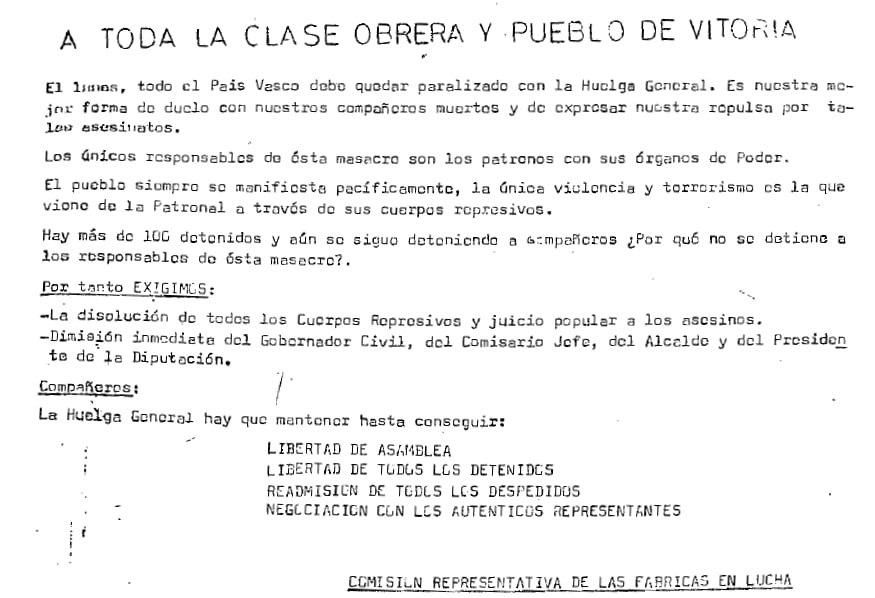 "A toda la clase obrera y pueblo de Vitoria"