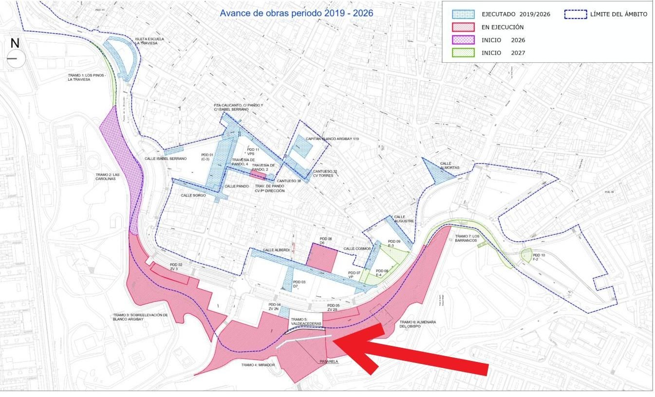 Ubicación de la nueva pasarela dentro del plano del ámbito del Paseo de la Dirección