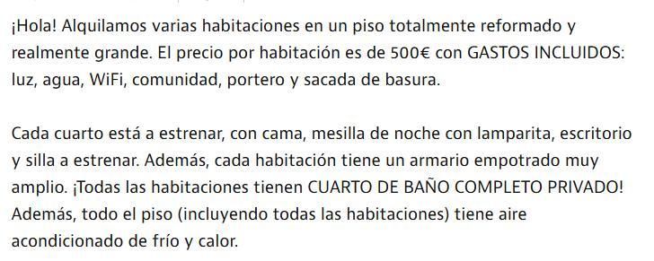 Anuncio de piso compartido con precio de 500 euros por habitación en Córdoba.