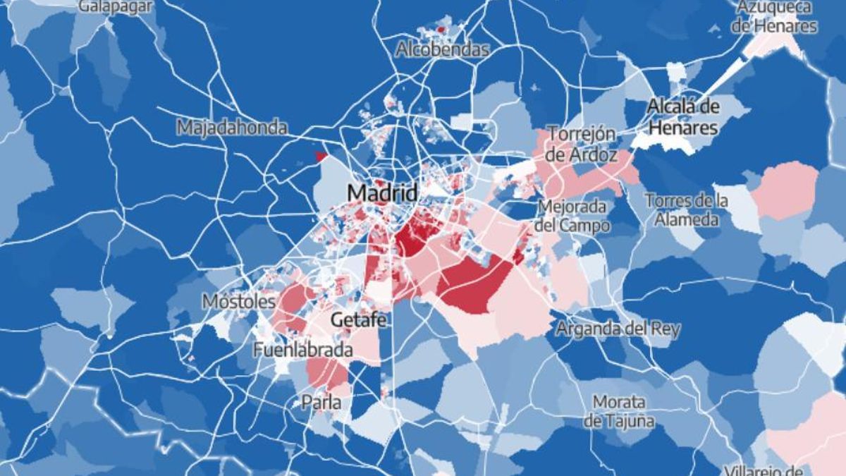 Detalle del mapa de votaciones por bloques ideológicos en la Comunidad de Madrid