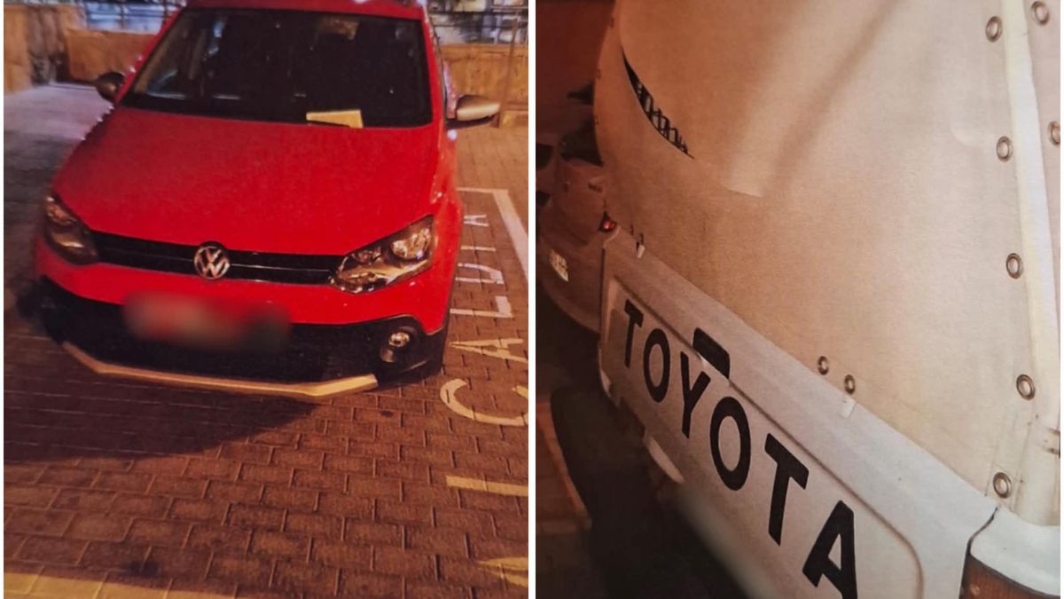 Fotografías del coche de la concejala multado y el del policía vandalizado