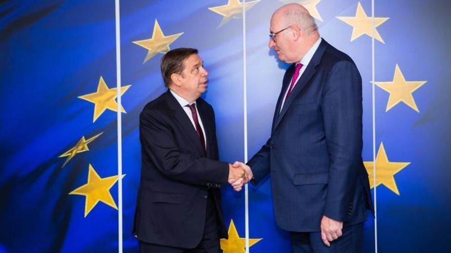 El ministro español de Agricultura, Luis Planas, saluda al ex comisario europeo de comercio, Phil Hogan. en una foto de archivo