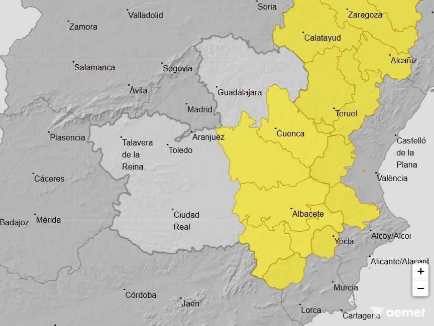 Aviso amarillo por tormentas y lluvias en las provincias de Cuenca y Albacete el 3 de mayo de 2026.