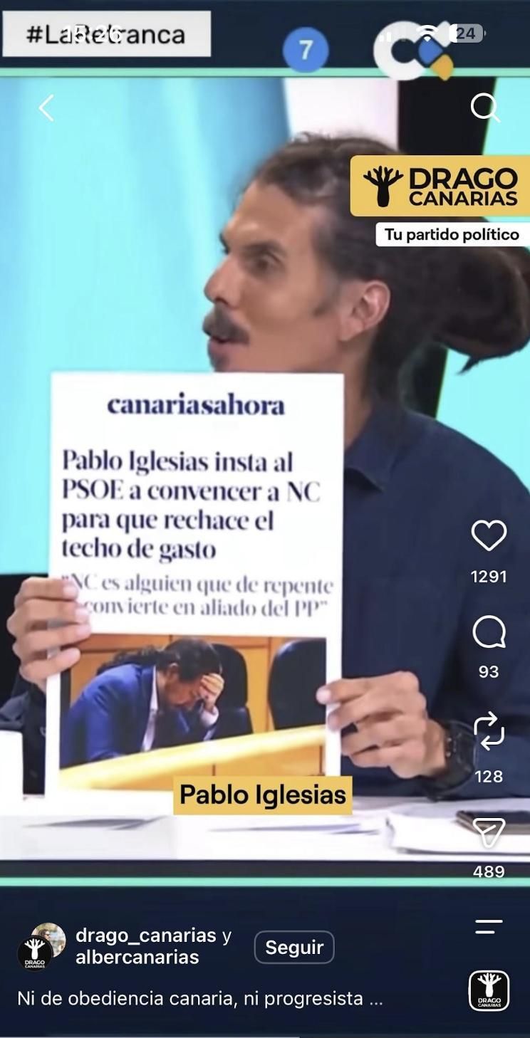 Imagen distribuida por Drago Canarias de la intervención de su líder en el programa de TVC La Retranca, este jueves.