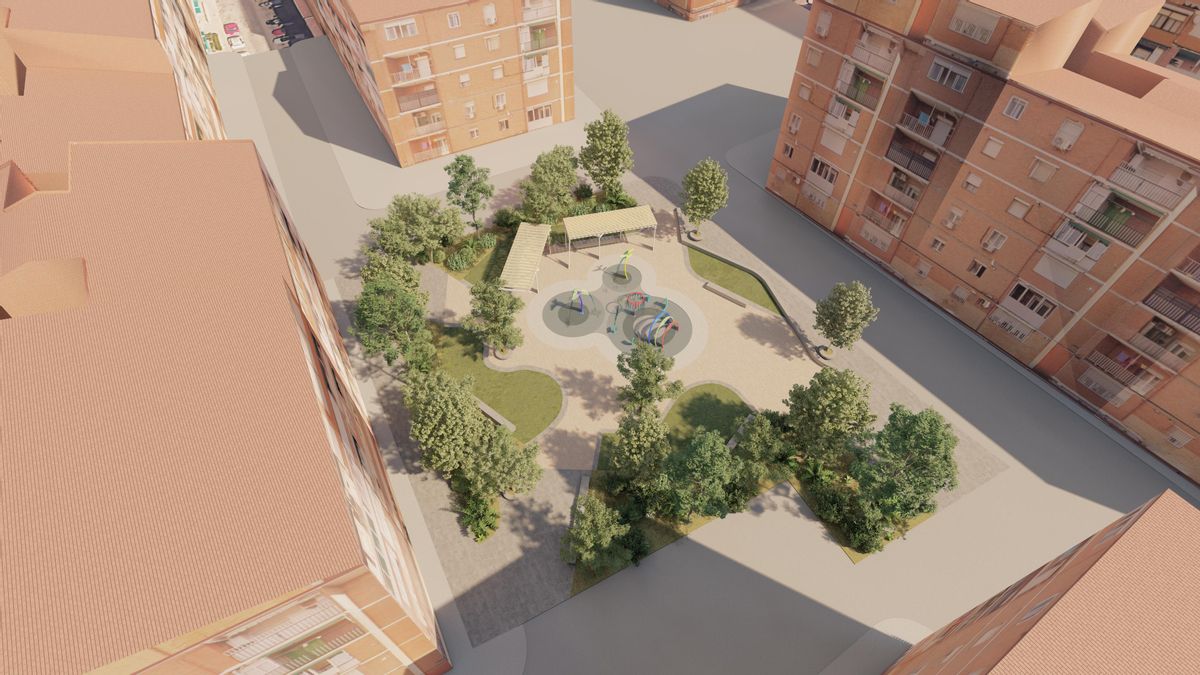 Vista general de la propuesta de intervención, puesta como ejemplo en una plaza de Madrid