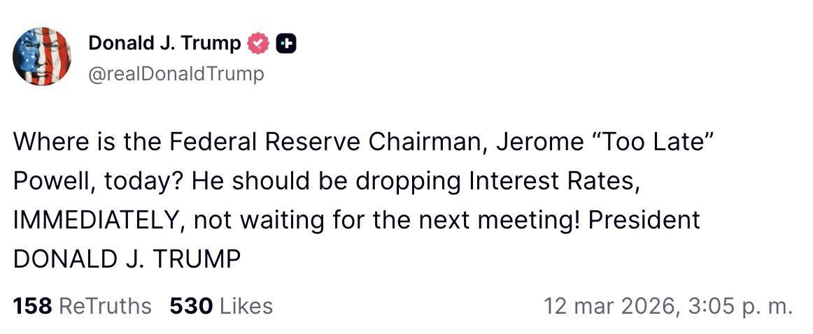 Truth Social de Trump pidiendo una bajada de tipos en medio de la guerra en Irán.