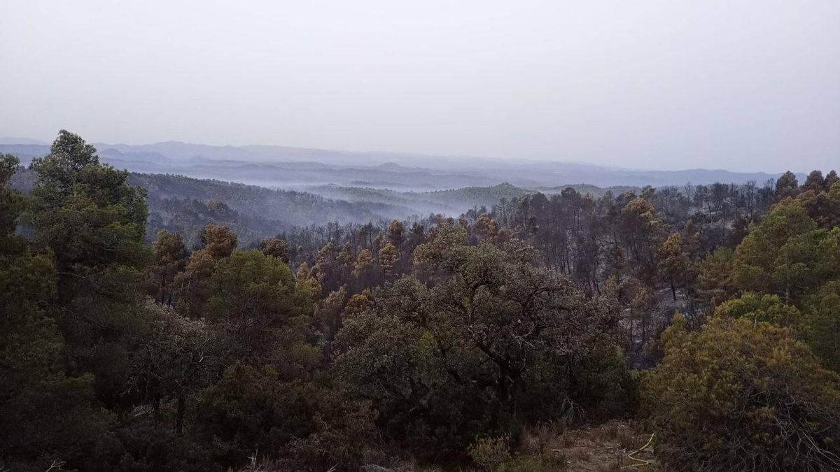 El incendio de La Cerollera, en Teruel, sigue activo aunque sin llama: preocupa el aumento de viento durante la mañana