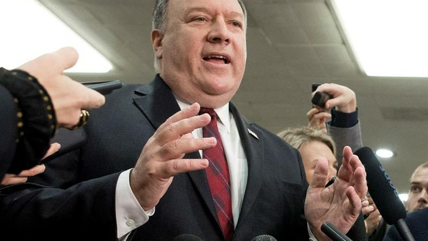 En la imagen un registro del secretario de Estado de Estados Unido, Mike Pompeo, quien destacó la importancia del "realismo" en las acciones de Washington hacia Venezuela y habló de una "política para Venezuela mezclada con moderación".