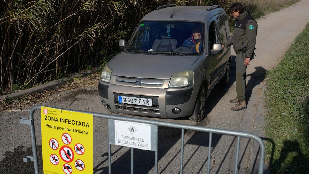 Un agente rural informa a un conductor de un camino cortado por las restricciones por la peste porcina africana