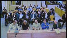 Vista del monitor habilitado en la sala de prensa de la Audiencia Nacional que facilita la señal institucional del juicio por la salida a Bolsa de Bankia.