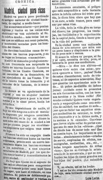 Artículo 'Madrid, ciudad para ricos', escrito por Luis Leon y publicado por varios medios locales el 26 de julio de 1927.