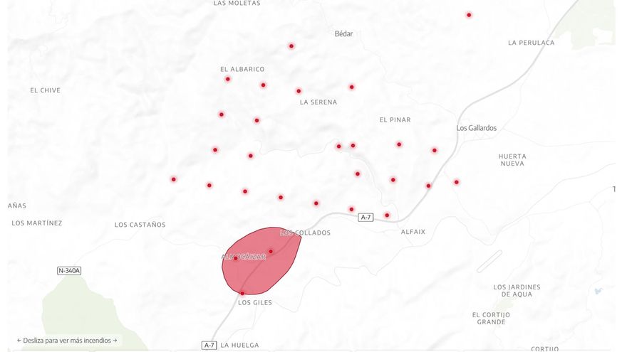 Mapa de focos activos en el incendio de Los Gallardos, Almería