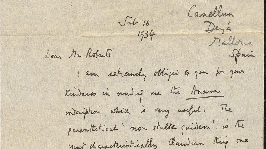 Encabezamiento de una de las cartas a Owen Roberts desde Deià.