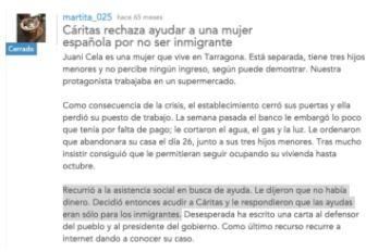 Bulo sobre Cáritas rechazando ayudar a una mujer por no ser inmigrante.