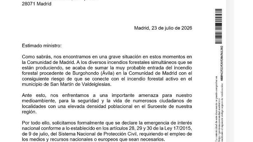 "Nos enfrentamos a una importante amenaza": el Ejecutivo de Ayuso pidió en una escueta carta al Gobierno que declarara la emergencia nacional