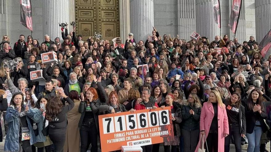 Los activistas de "No es mi cultura", acompañados por representantes políticos, presentaron en febrero la cifra de firmas logradas ante el Congreso de los Diputados.