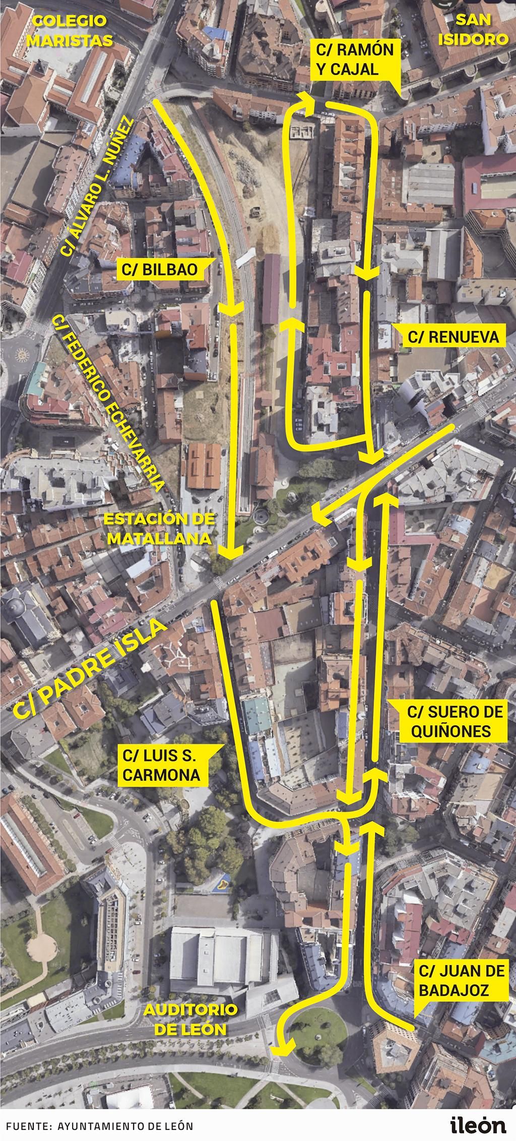 Plano de los cambios de tráfico tras la apertura de los dos nuevos viales del entorno de Feve en León.