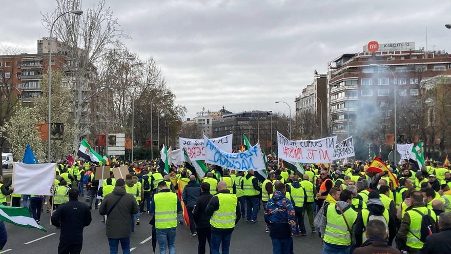 Los camioneros empiezan a bajar por la Castellana en su manifestación para pedir apoyo al Gobierno.