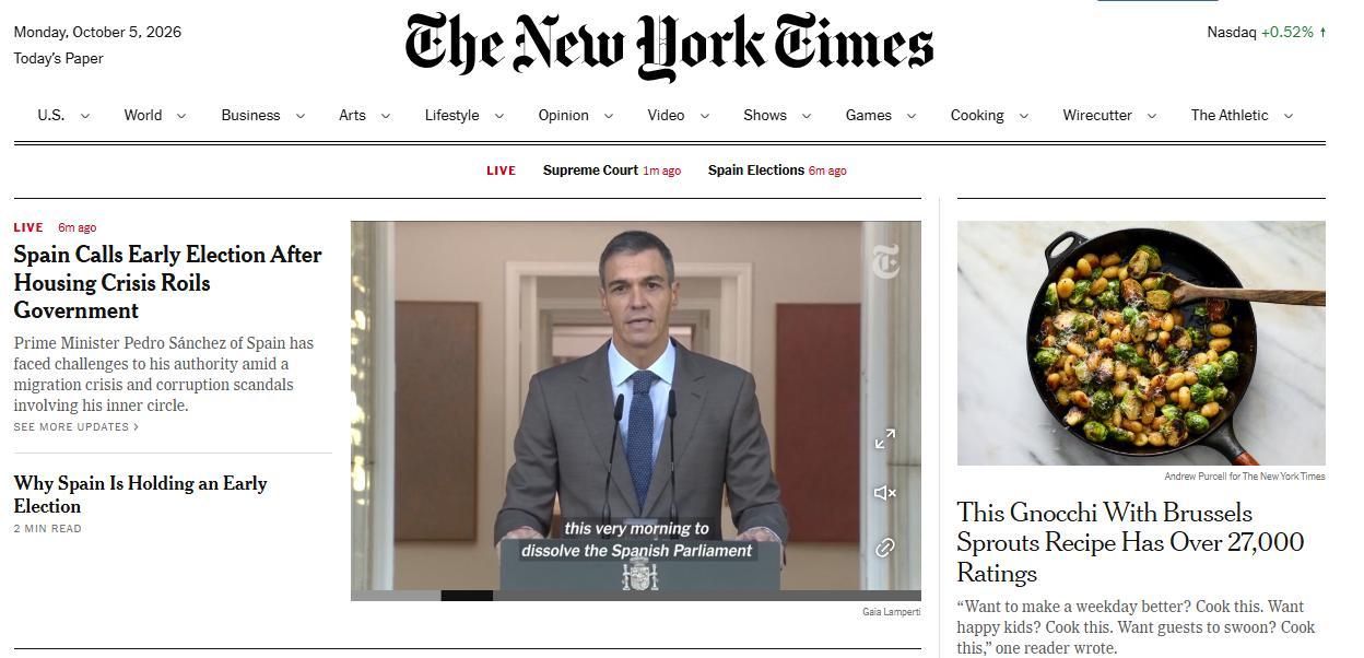 Portada digital del New York Times este mediodía.