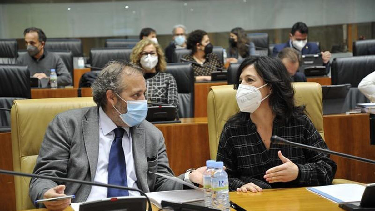 El consejero de Economía, Rafael España, conversa con la consejera de Educación y Empleo, Esther Gutiérrez, antes del pleno de la Asamblea