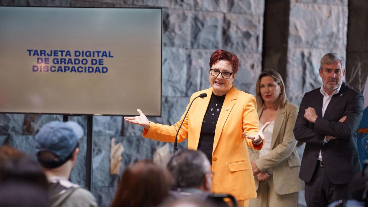La consejera de Bienestar Social, Igualdad, Juventud, Infancia y Familias del Gobierno de Canarias, Candelaria Delgado, durante la presentación de la tarjeta digital de grado de discapacidad en un acto celebrado en la sede de Presidencia del Gobierno de Canarias en Santa Cruz de Tenerife. EFE/Ramón de la Rocha