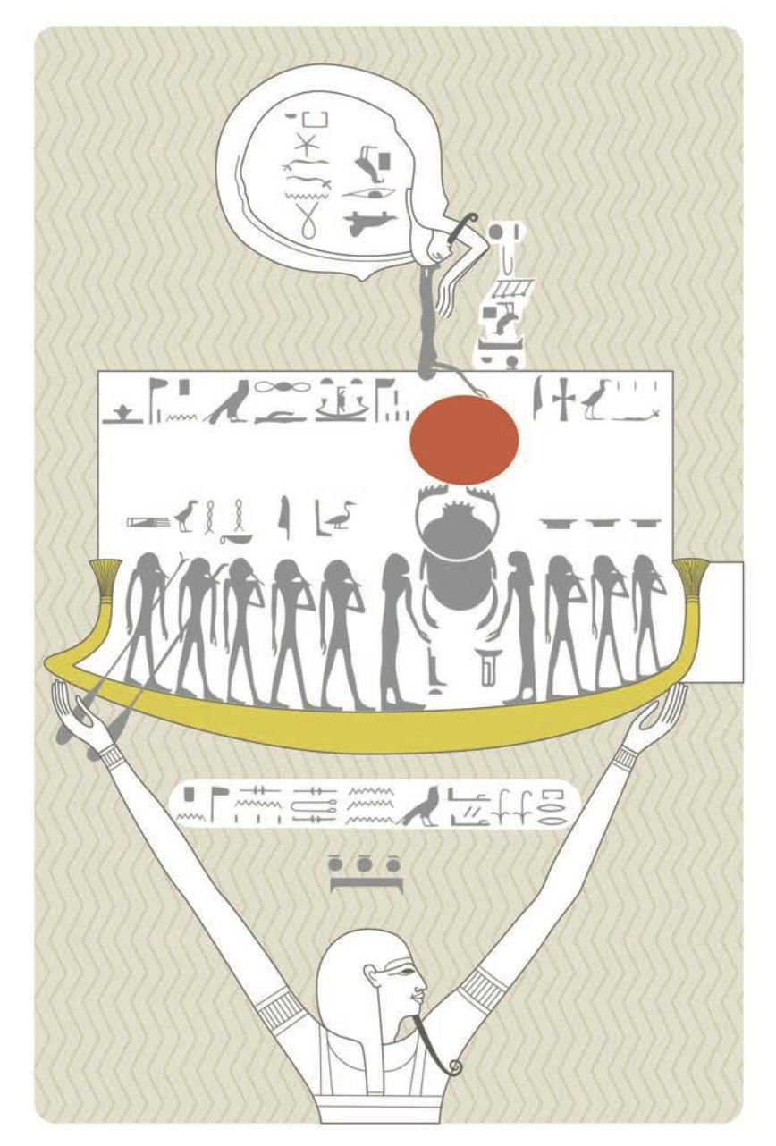 Recreación gráfica de la escena final en el sarcófago de Seti I, que enfatiza la Barca Celestial transportando el sol (en rojo) como principal cuerpo celeste (según Bonomi y Sharp 1864, lámina 15; Luwian Studies nº 5038).