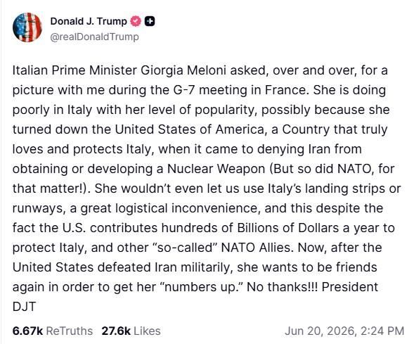 Mensaje de Donald Trump contra Giorgia Meloni.