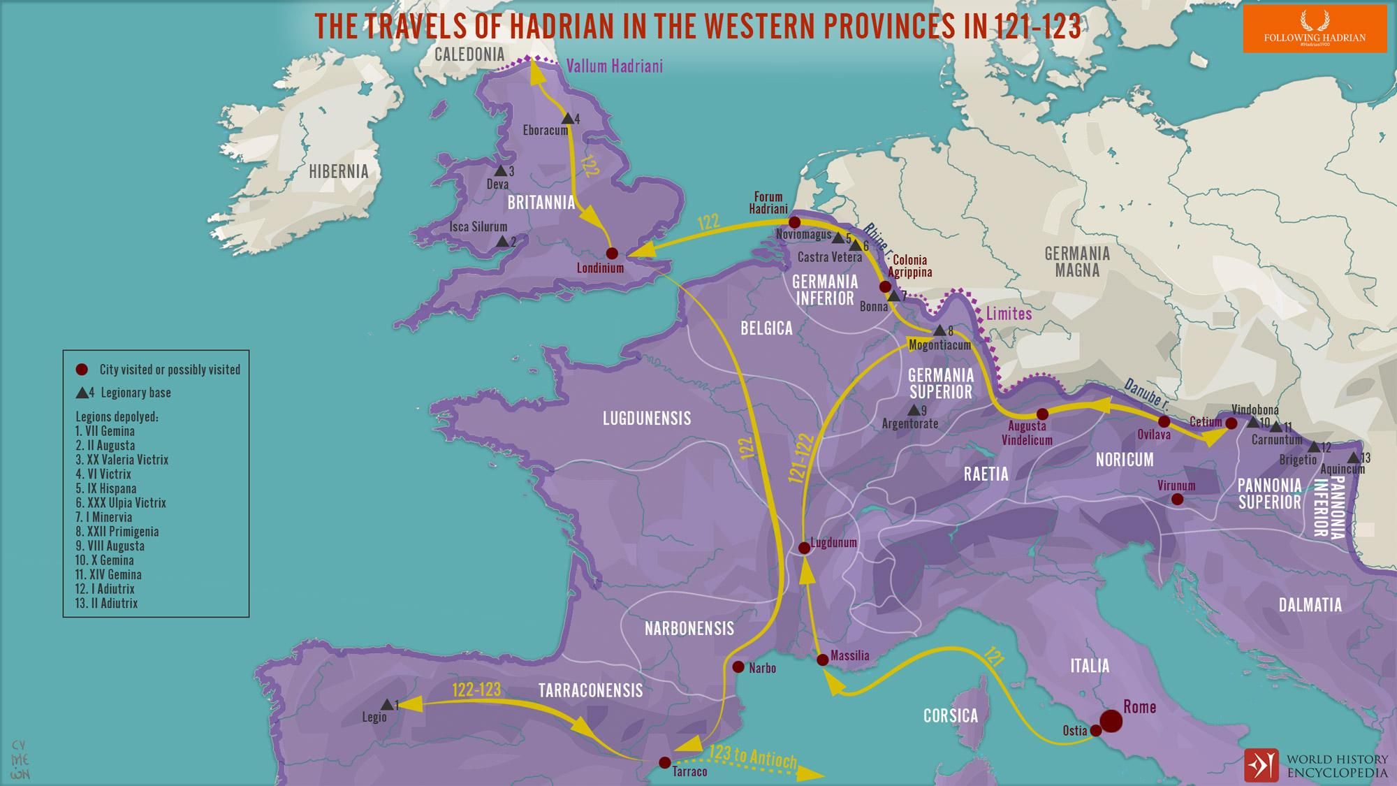 Los viajes de Adriano en las provincias occidentales del Imperio. Entre el 122 y 123 llegó a Castra Legio (León).