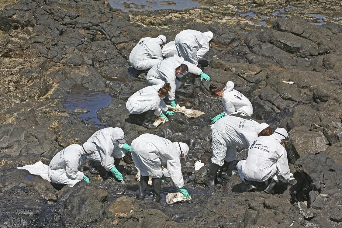Trabajos de limpieza del vertido de fuel en la playa de Arinaga. (ALEJANDRO RAMOS)