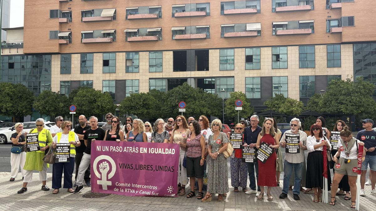 Profesionales del sector audiovisual andaluz protestan contra "los abusos en los medios" a las puertas del juzgado donde ha declarado Gustavo Fuentes