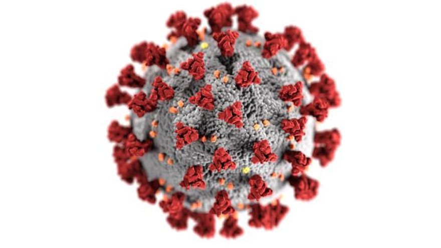 Figura 1: recreación de un virus SARS-CoV-2. En rojo la proteína Spike.