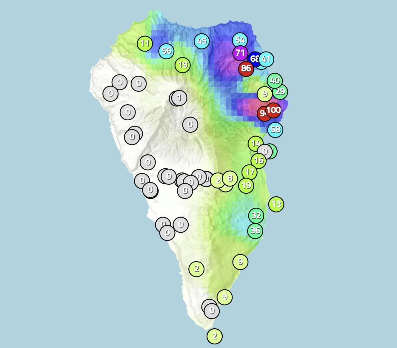 Mapa de Apalmet donde se indica la lluvia recogida en diversos puntos de La Palma hasta las 16.14 horas de este lunes, 6 de noviembre.