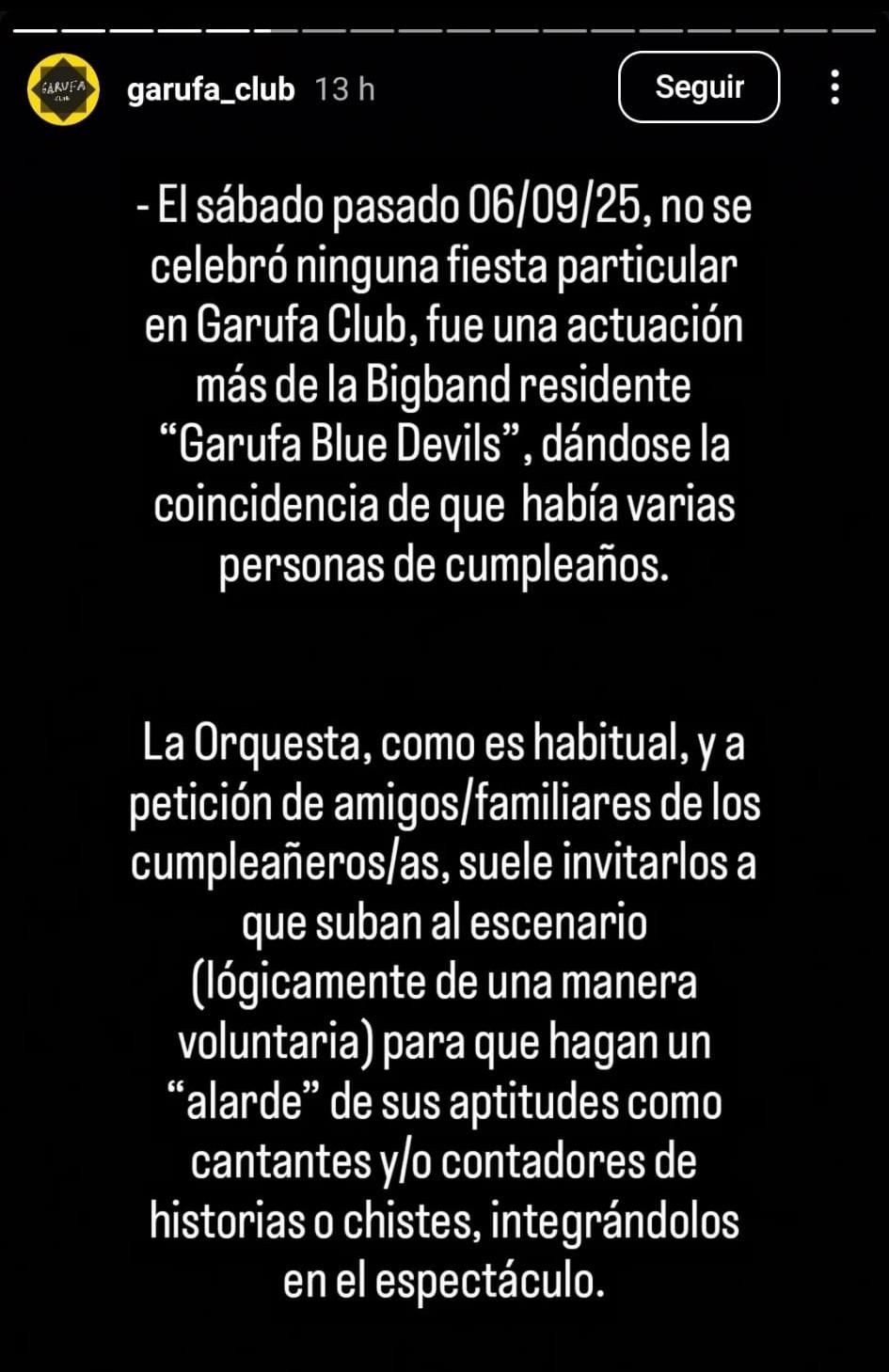 Captura de las historias de Instagram del Garufa Club.