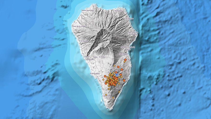 Mapa del IGN donde se indica el punto donde han sido localizados los terremotos en las últimas horas en La Palma.